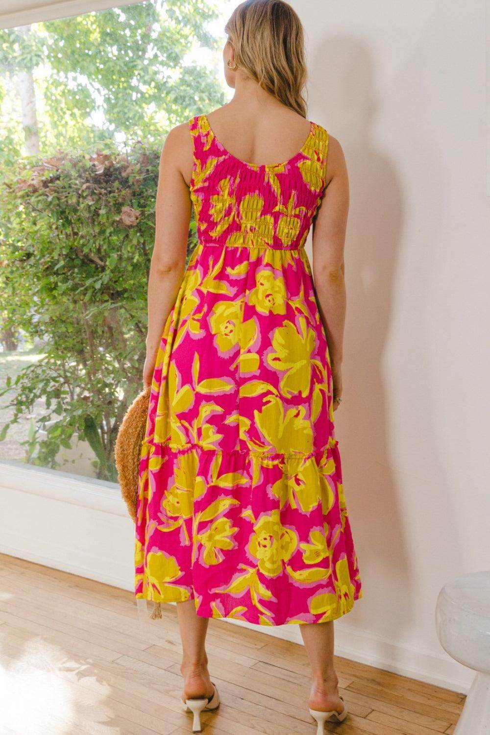 ODDI Full Size Floral Smocked Ruffled Midi Dress For Women