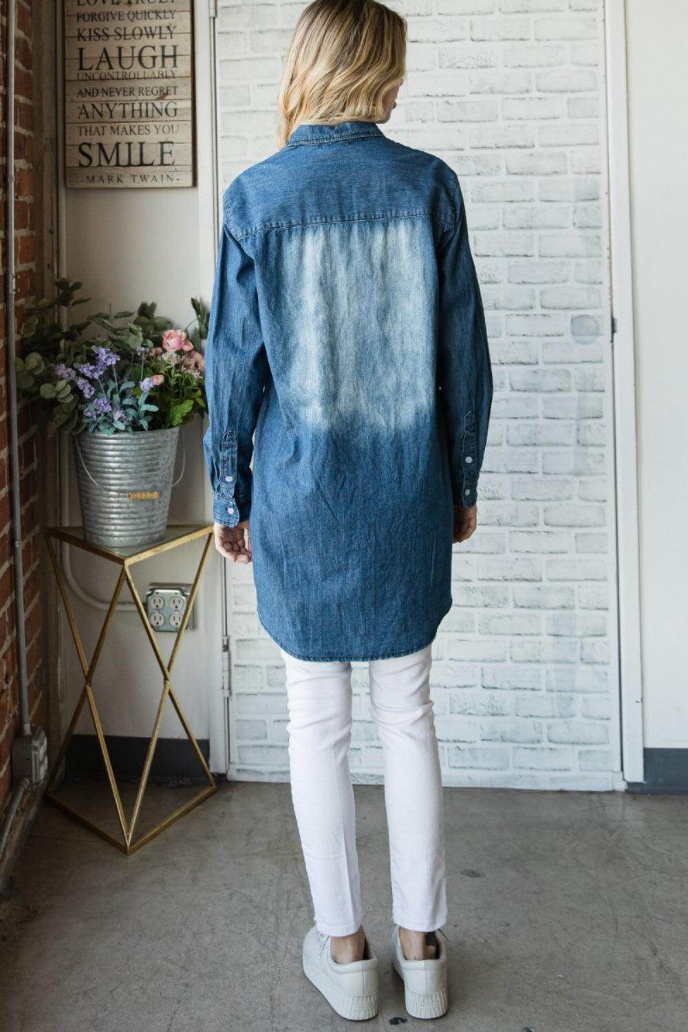 Veveret Pocketed Button Up Washed Denim Shirt for Women