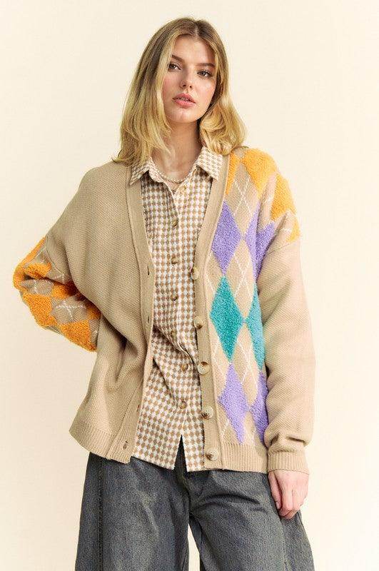 Davi & Dani Argyle V-Neck Dropped Shoulder Cardigan Style
