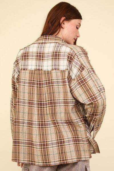 Very J Contrast Plaid Raw Detail Shirt for Casual Chic