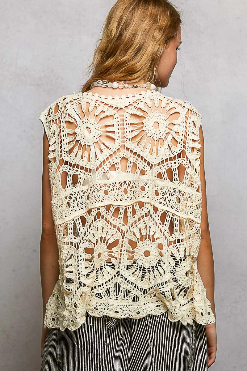 POL Openwork Round Neck Floral Crochet Tank