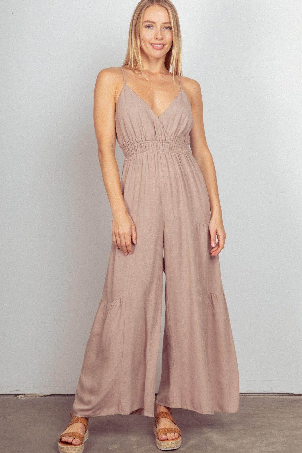 Very J Sleeveless Ruched Wide Leg Jumpsuit for Women
