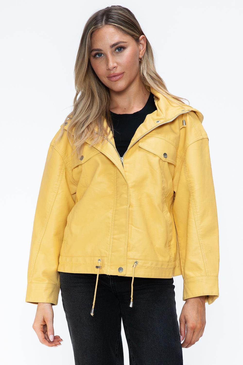 How Dare U Drawstring Hem PU Leather Zip Up Jacket for Women
