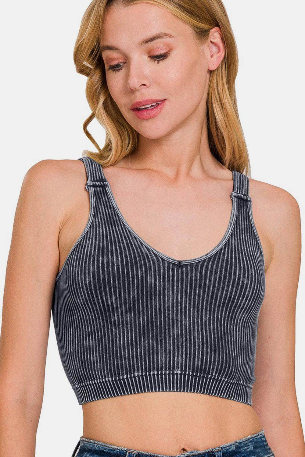 Zenana Washed Ribbed Cropped V-Neck Tank Top for Women