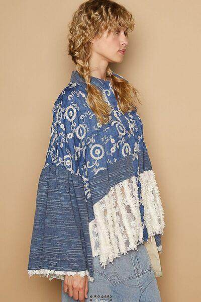 POL Lace Hem Embroidered Long Sleeve Shirt for Women