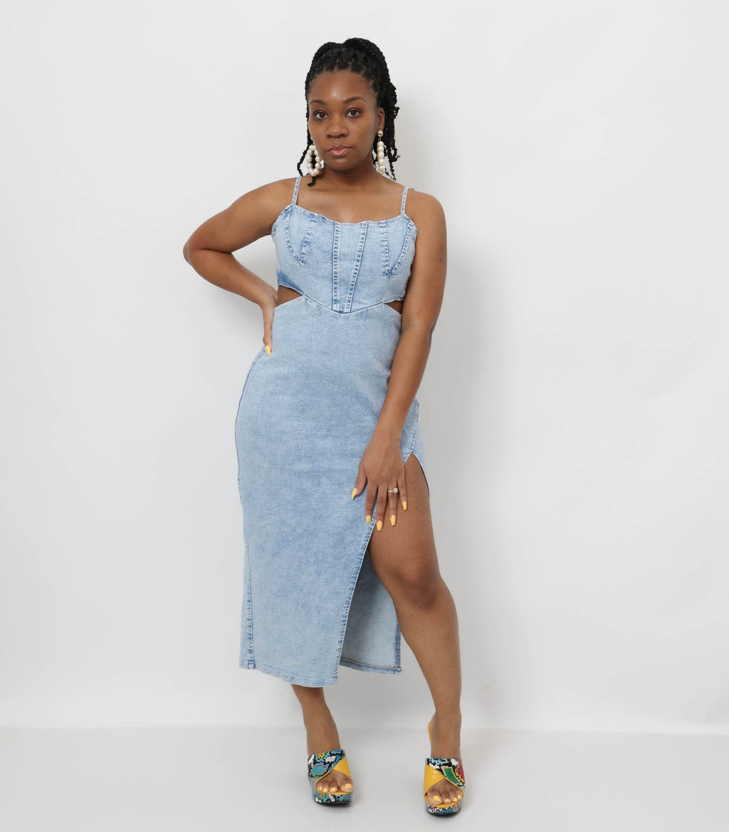 Cutout Slit Spaghetti Strap Denim Dress