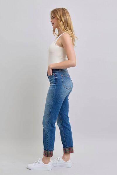 Judy Blue Full Size Plaid Print Cuff Straight Leg Jeans
