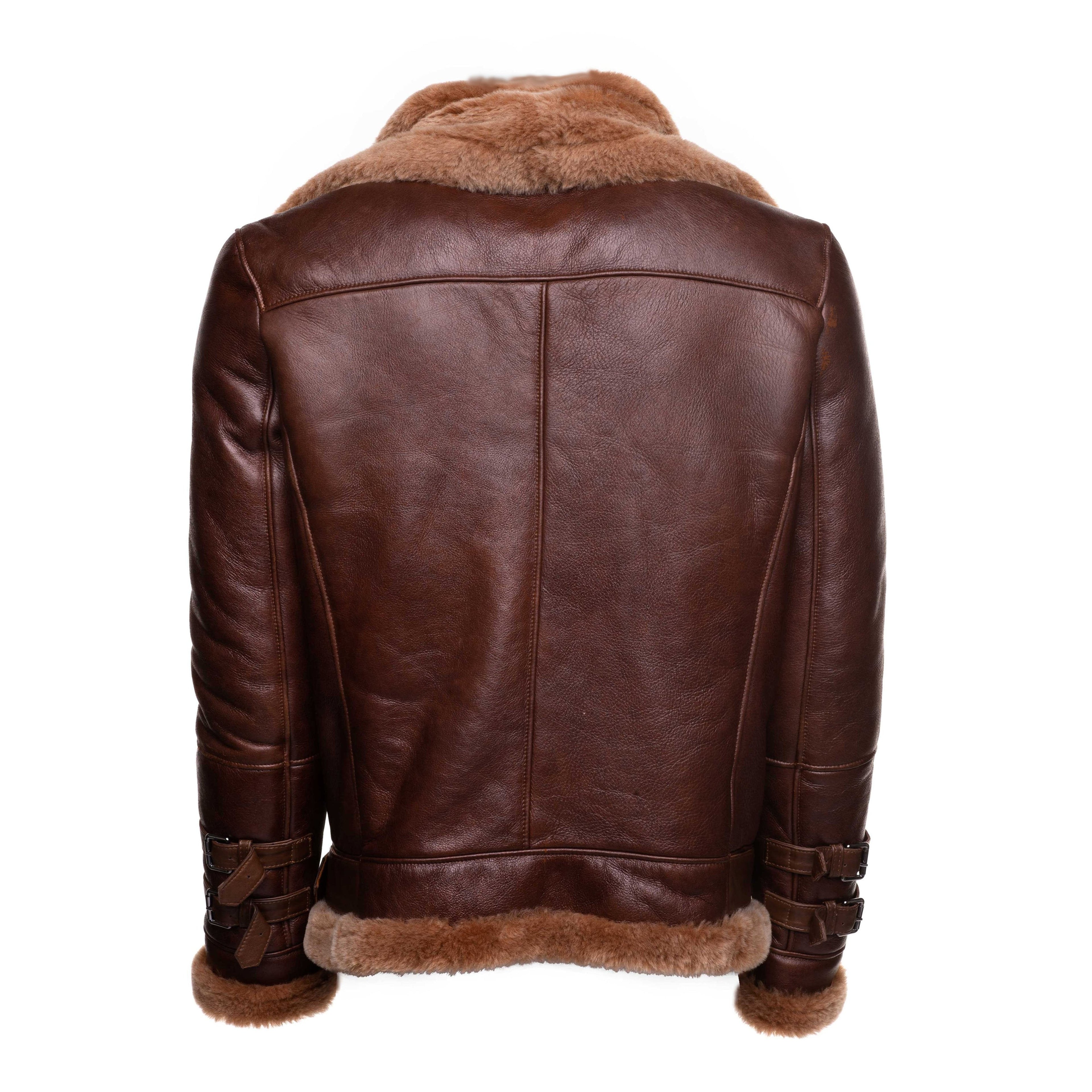 Phans Brown Aviator Bomber Shearling Jacket with Waist Belt