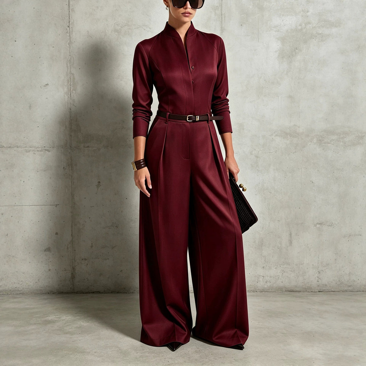 Women's Stand-Collar Long-Sleeve Wide-Leg Jumpsuit