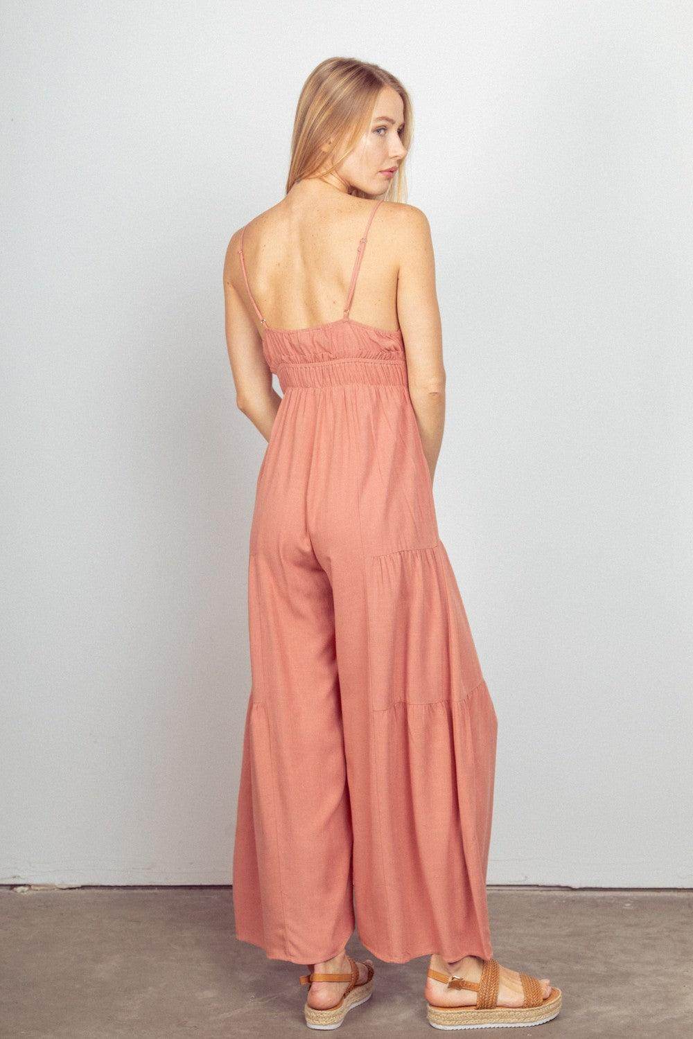 Very J Sleeveless Ruched Wide Leg Jumpsuit for Women