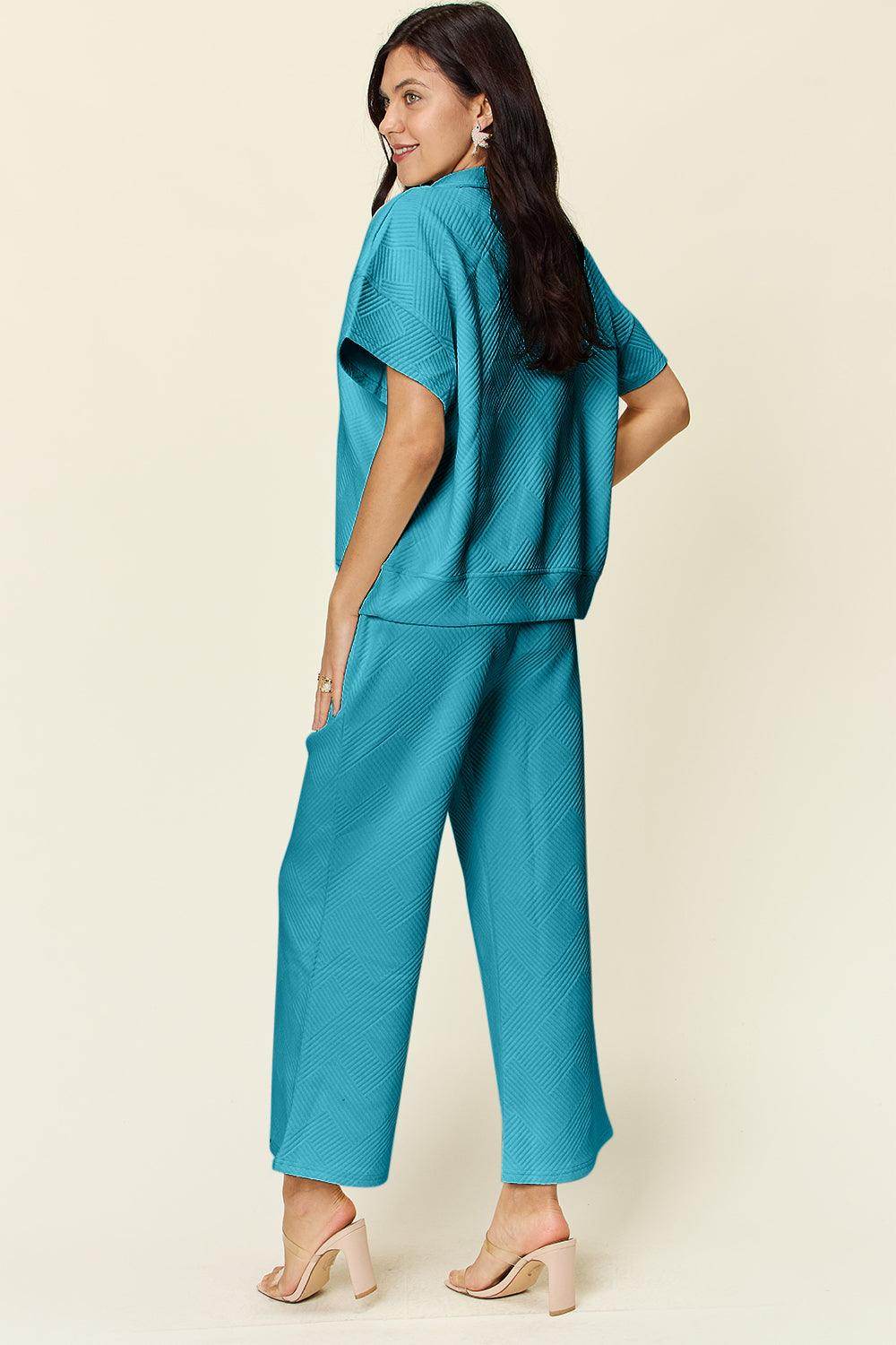 Double Take Full Size Texture Half Zip Short Sleeve Top Set