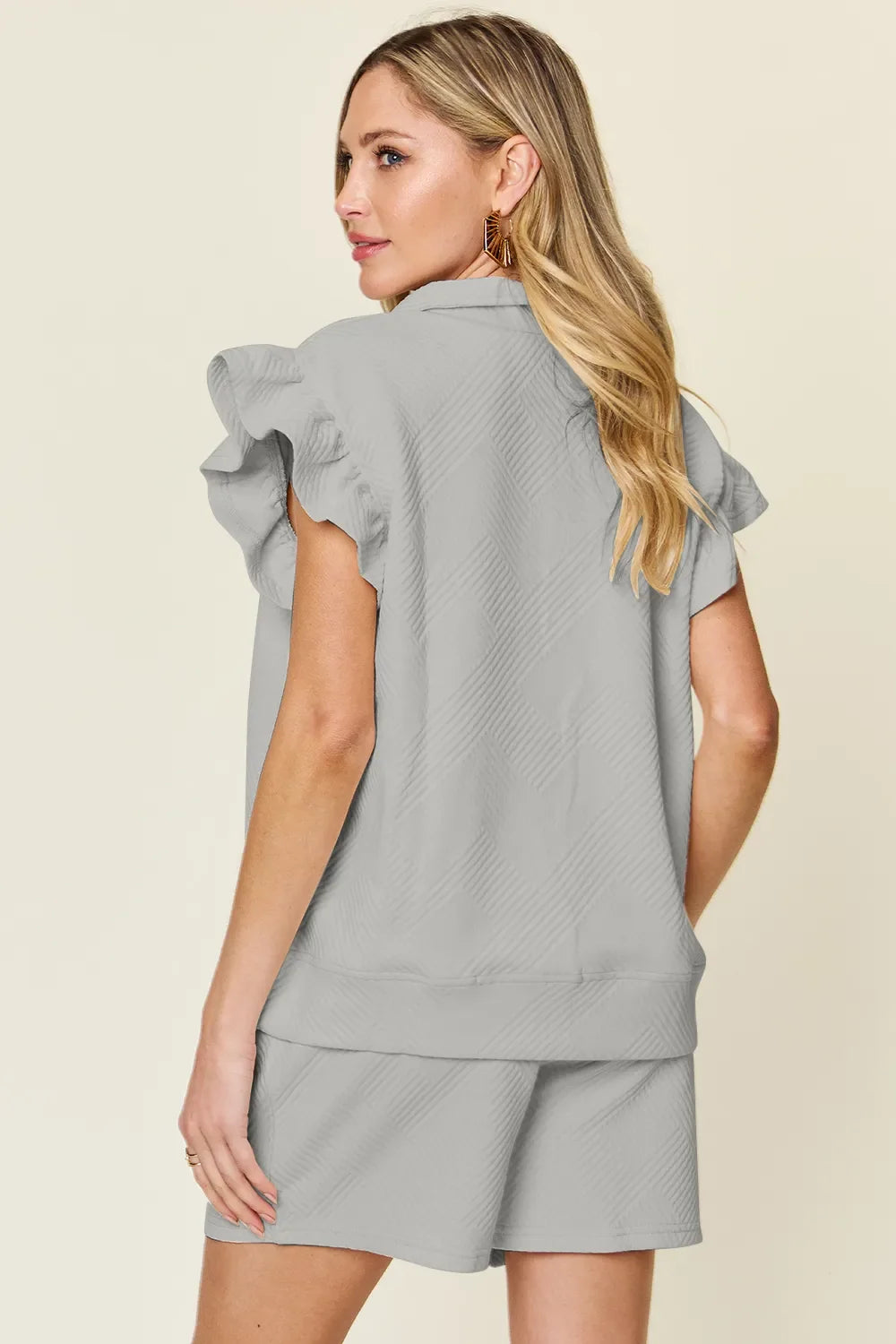 Double Take Full Size Texture Flounce Sleeve Top and Drawstring Shorts Set