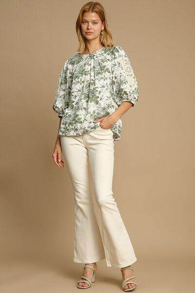 Umgee Floral Pleated Detail Lace Trim Sleeve Blouse Women