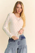 Davi & Dani Bow Mesh Round Neck Long Sleeve Top for Women