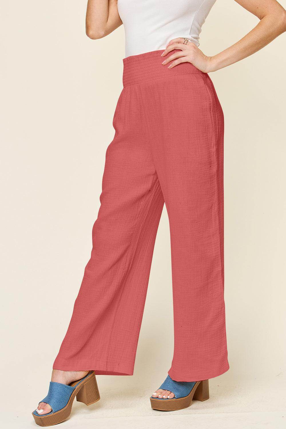 Double Take Full Size Texture Smocked Waist Wide Leg Pants For Women