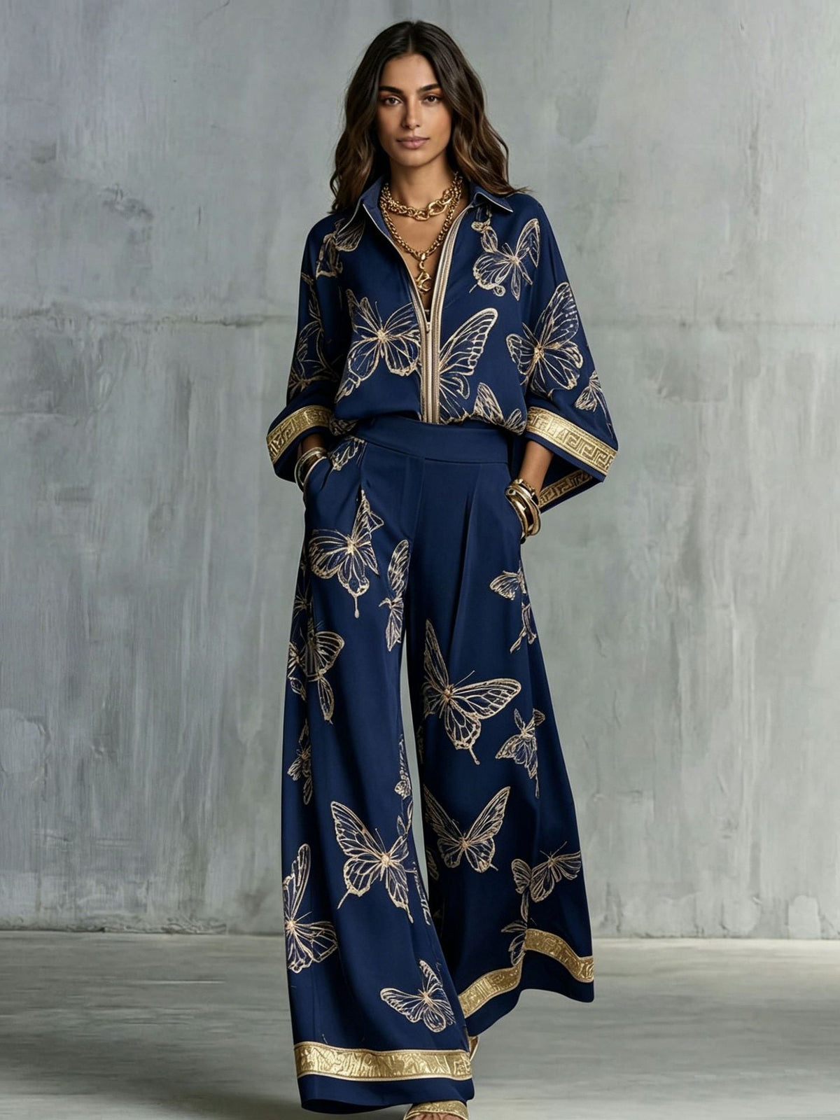 Women's Deep V-Neck Zipper Top & Wide Leg Pants Two-Piece Set