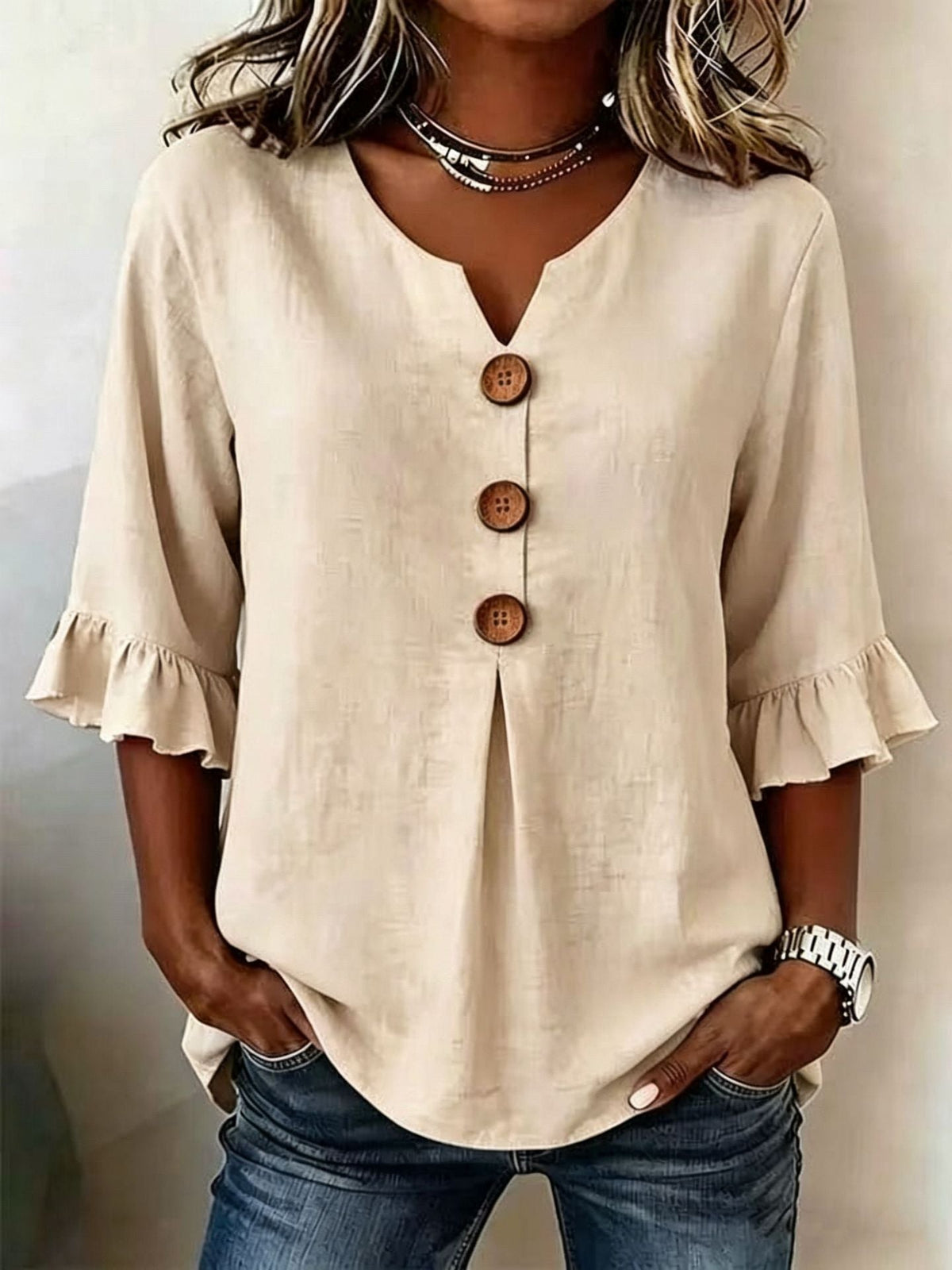 Women's V-Neck Button-Up Blouse — Summer Casual Top