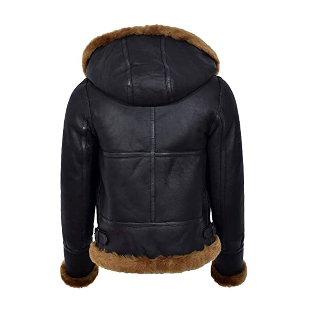 Women's Black Hooded B3 Flying Shearling Jacket