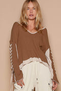 POL Lace-Up Sleeve Color Block Ribbed Knit Top for Women