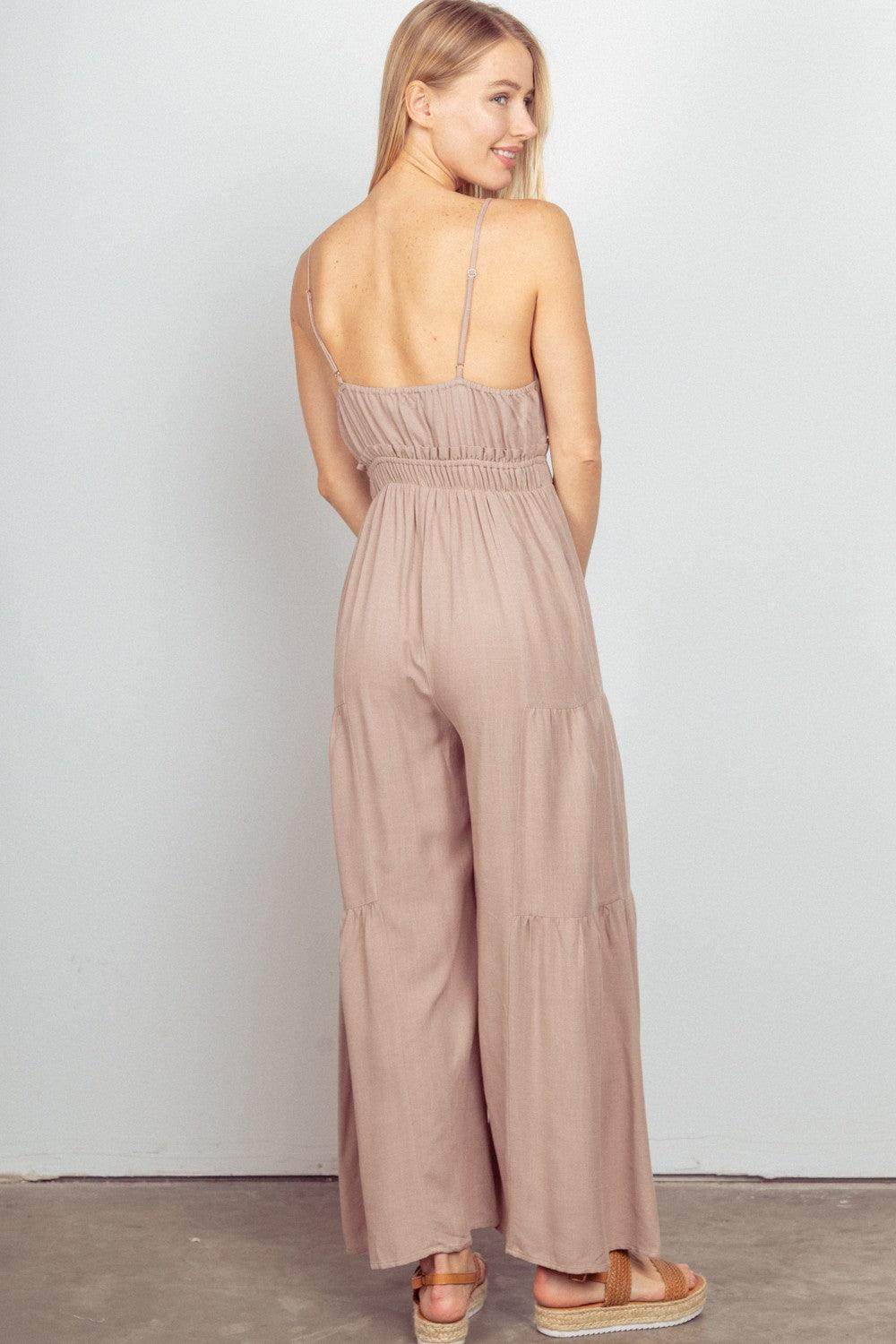 Very J Sleeveless Ruched Wide Leg Jumpsuit for Women