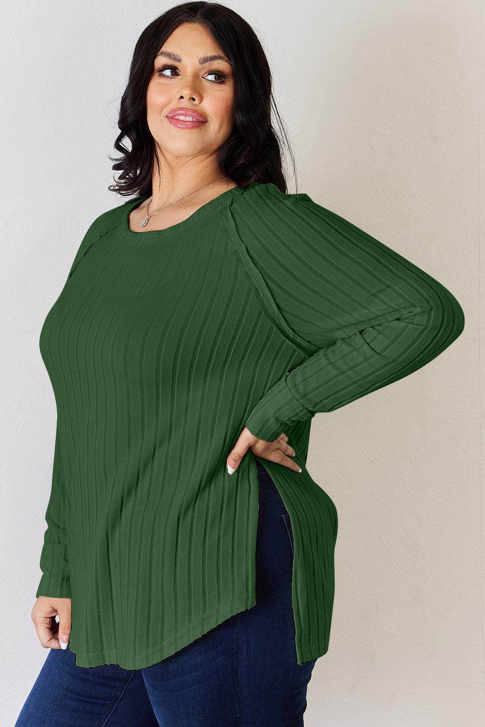 Basic Bae Full Size Ribbed Round Neck Slit T-Shirt for Women