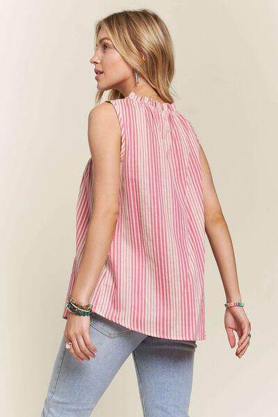 ADORA Contrast Striped Frill Round Neck Sleeveless Top for Women