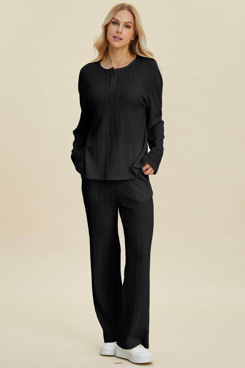 Double Take Full Size Cable-Knit Long Sleeve Top Pants Set