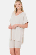 Zenana Full Size V-Neck Slit T-Shirt and Shorts Set
