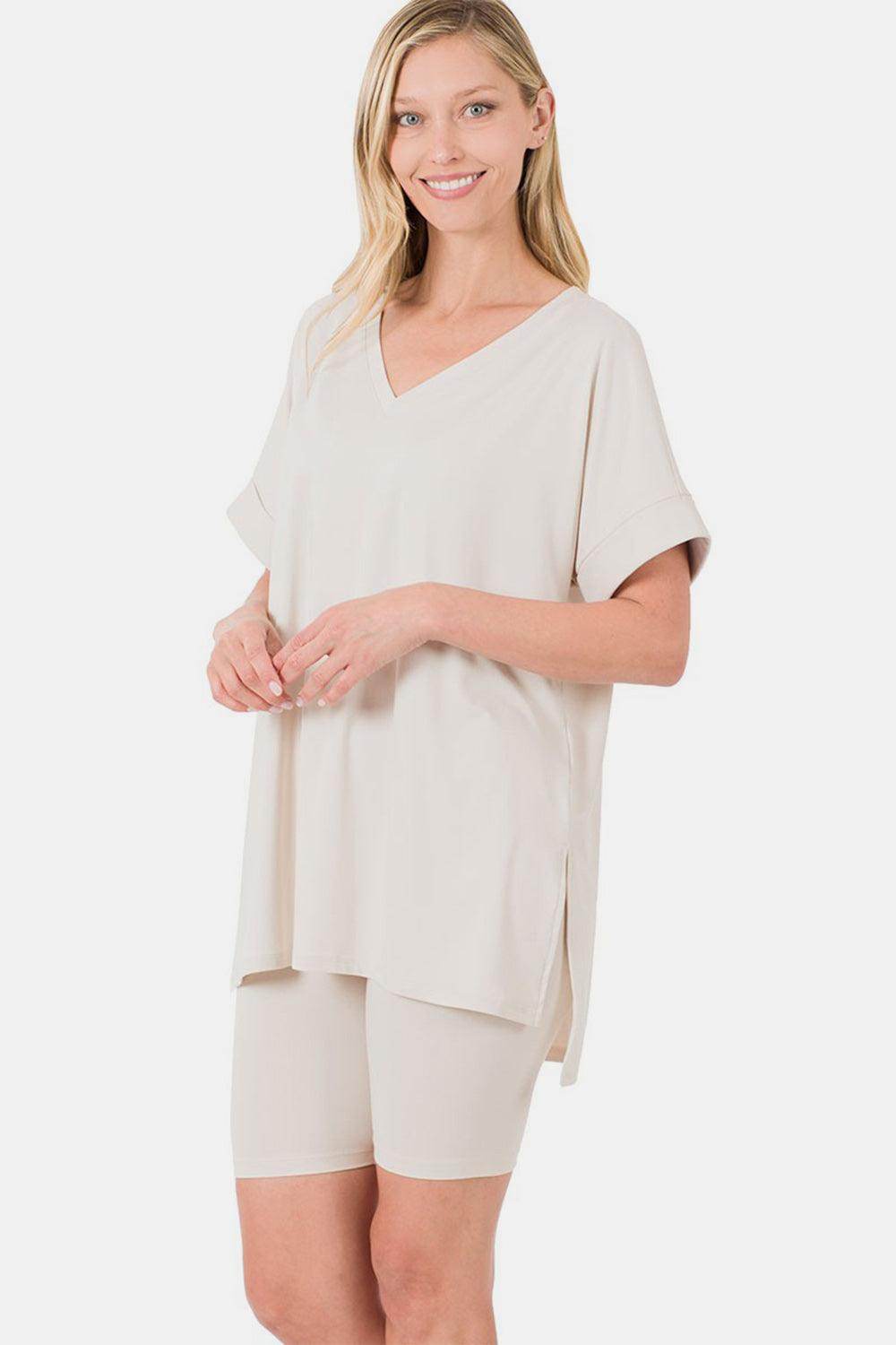 Zenana Full Size V-Neck Slit T-Shirt and Shorts Set