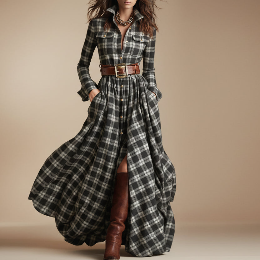 Women's Plus Size Plaid Print Long Sleeve Shirt Dress with Pockets