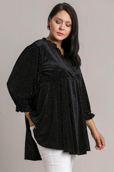 Umgee Full Size Beaded Frill Flounce Sleeve Velvet Blouse