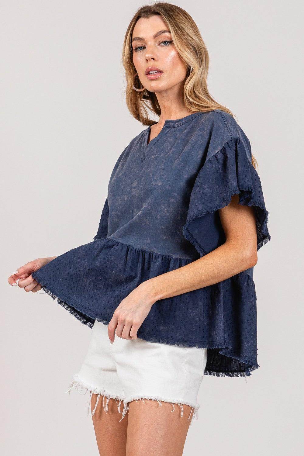 SAGE + FIG Ruffle Sleeve Washed Short Sleeve Blouse for Women