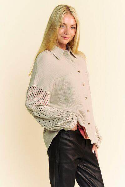 Davi & Dani Crochet Sleeve Crinkled Texture Shirt for Women
