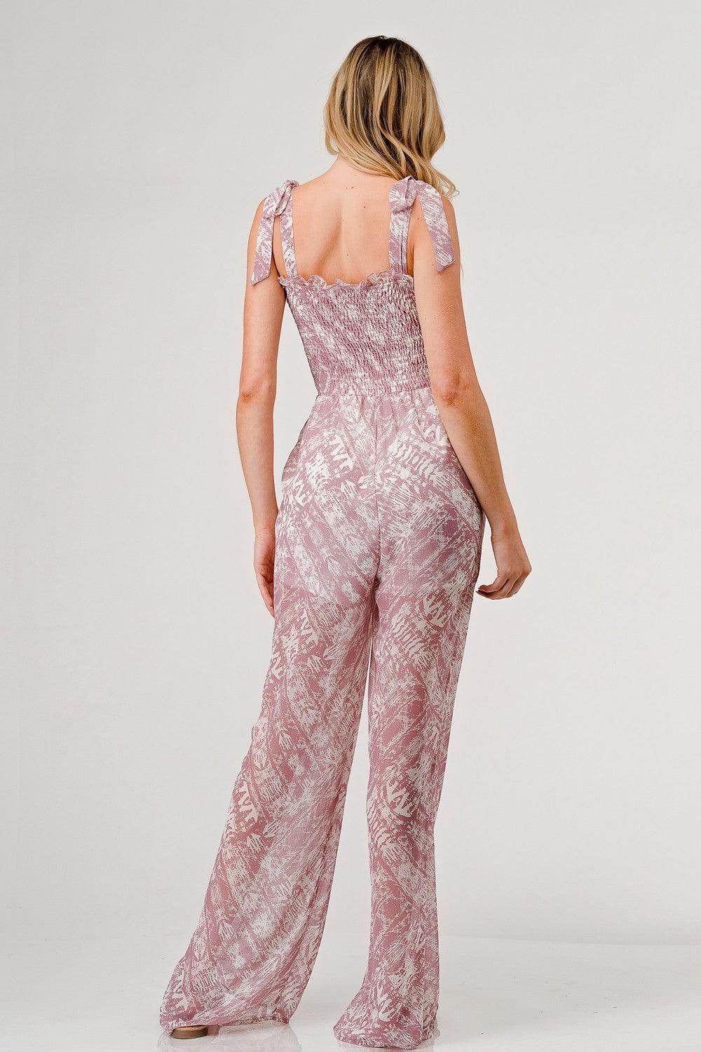 GeeGee Printed Tie Shoulder Wide Leg Jumpsuit for Women