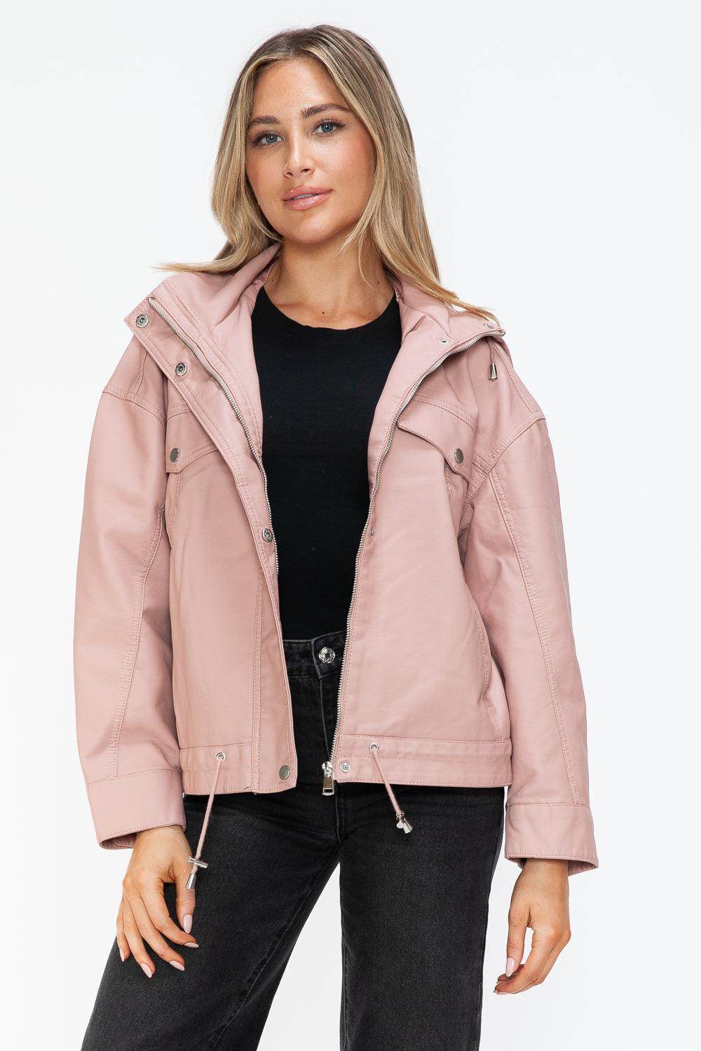 How Dare U Drawstring Hem PU Leather Zip Up Jacket for Women
