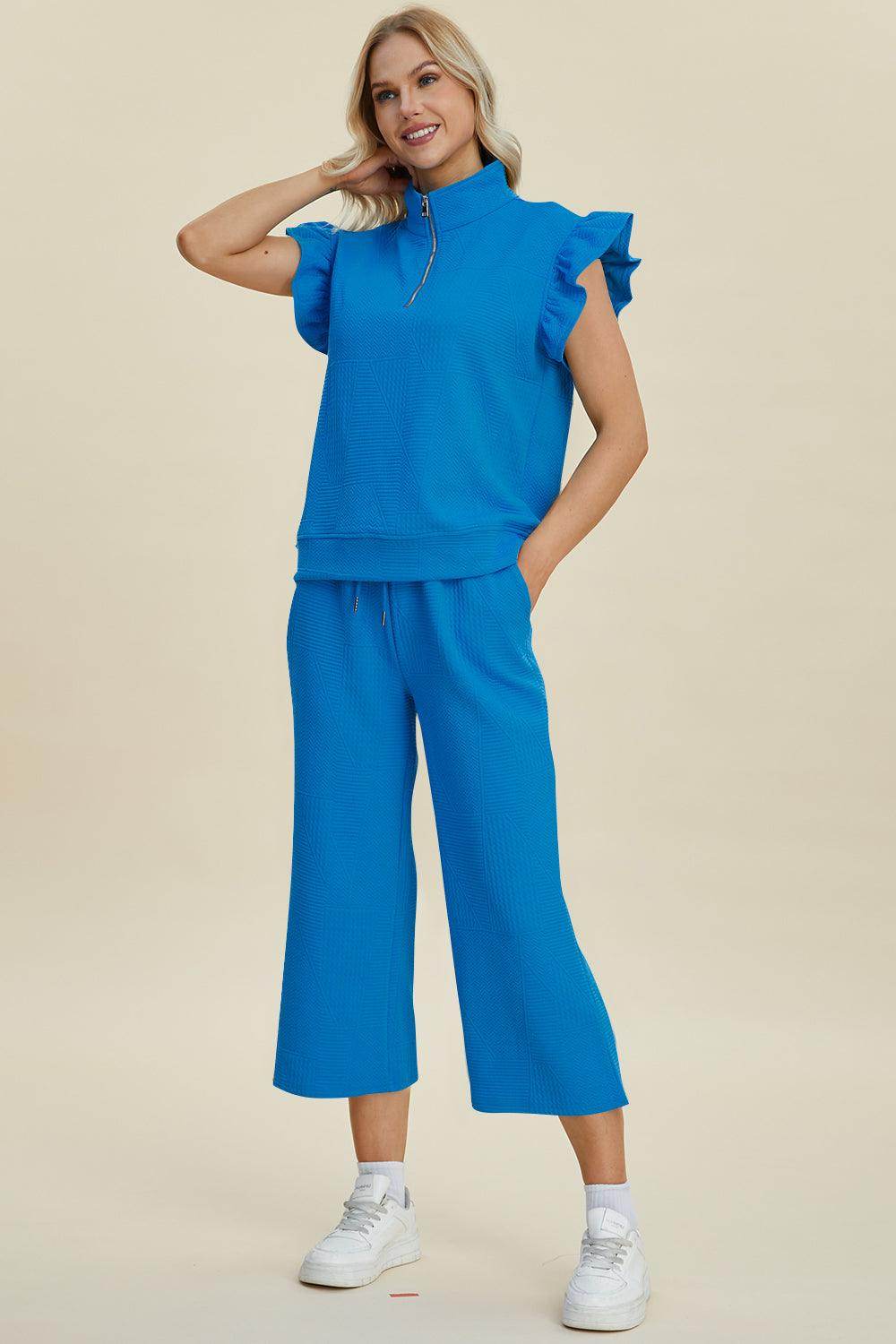 Double Take Full Size Texture Ruffle Top and Pants Set