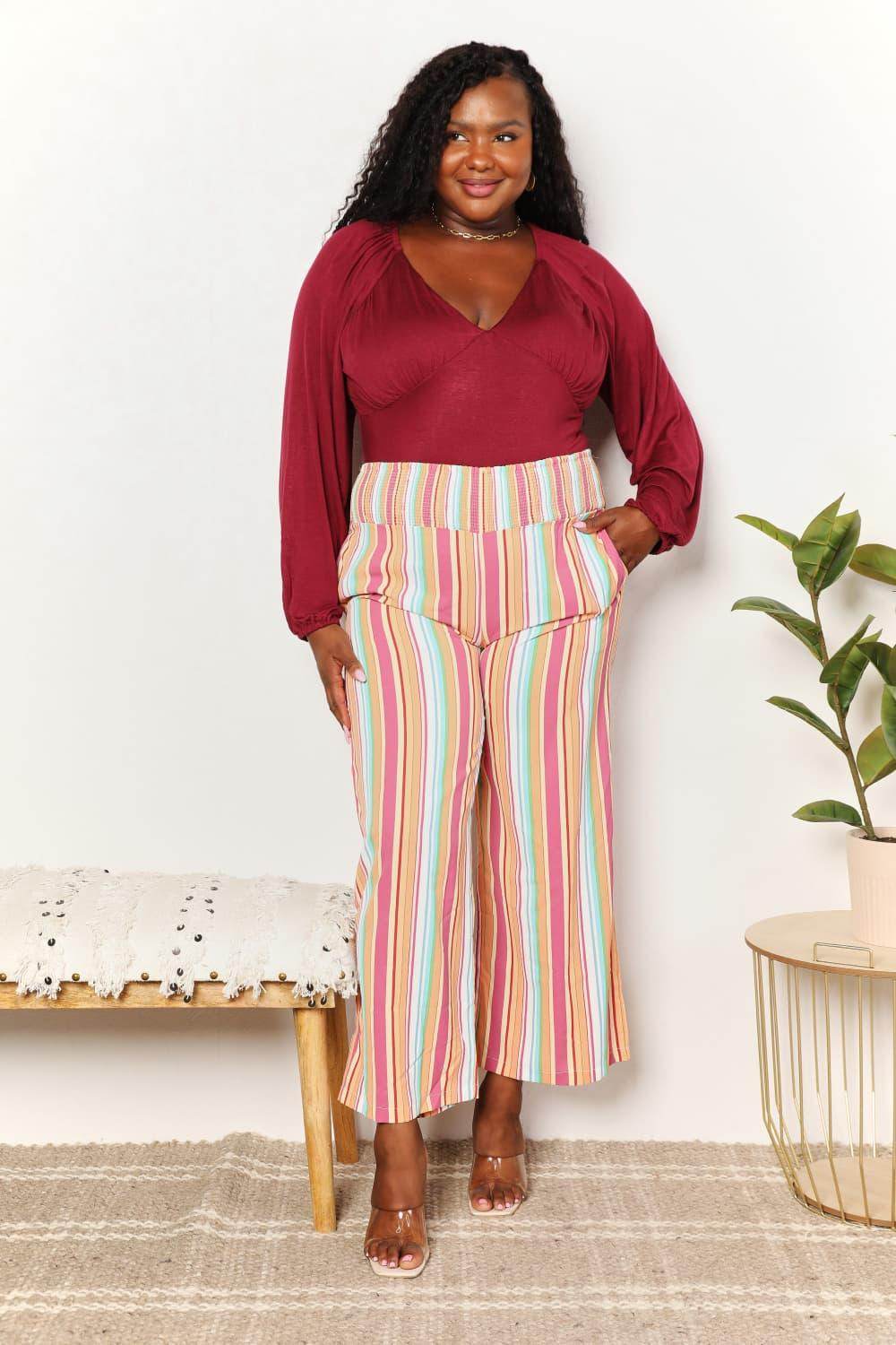 Double Take Striped Smocked Waist Pants with Pockets Stylish