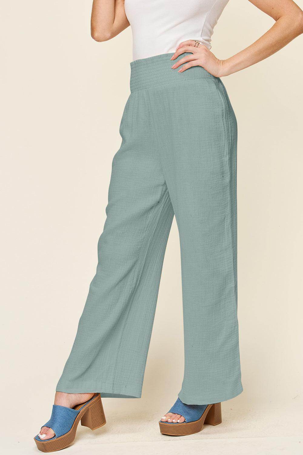 Double Take Full Size Texture Smocked Waist Wide Leg Pants For Women
