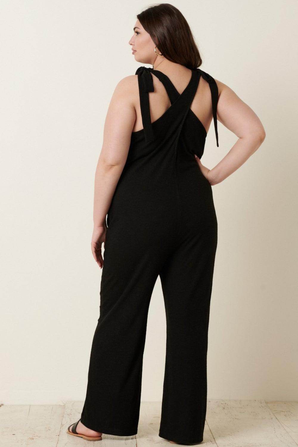 Mittoshop Rib Knit V-Neck Cross Back Jumpsuit for Women