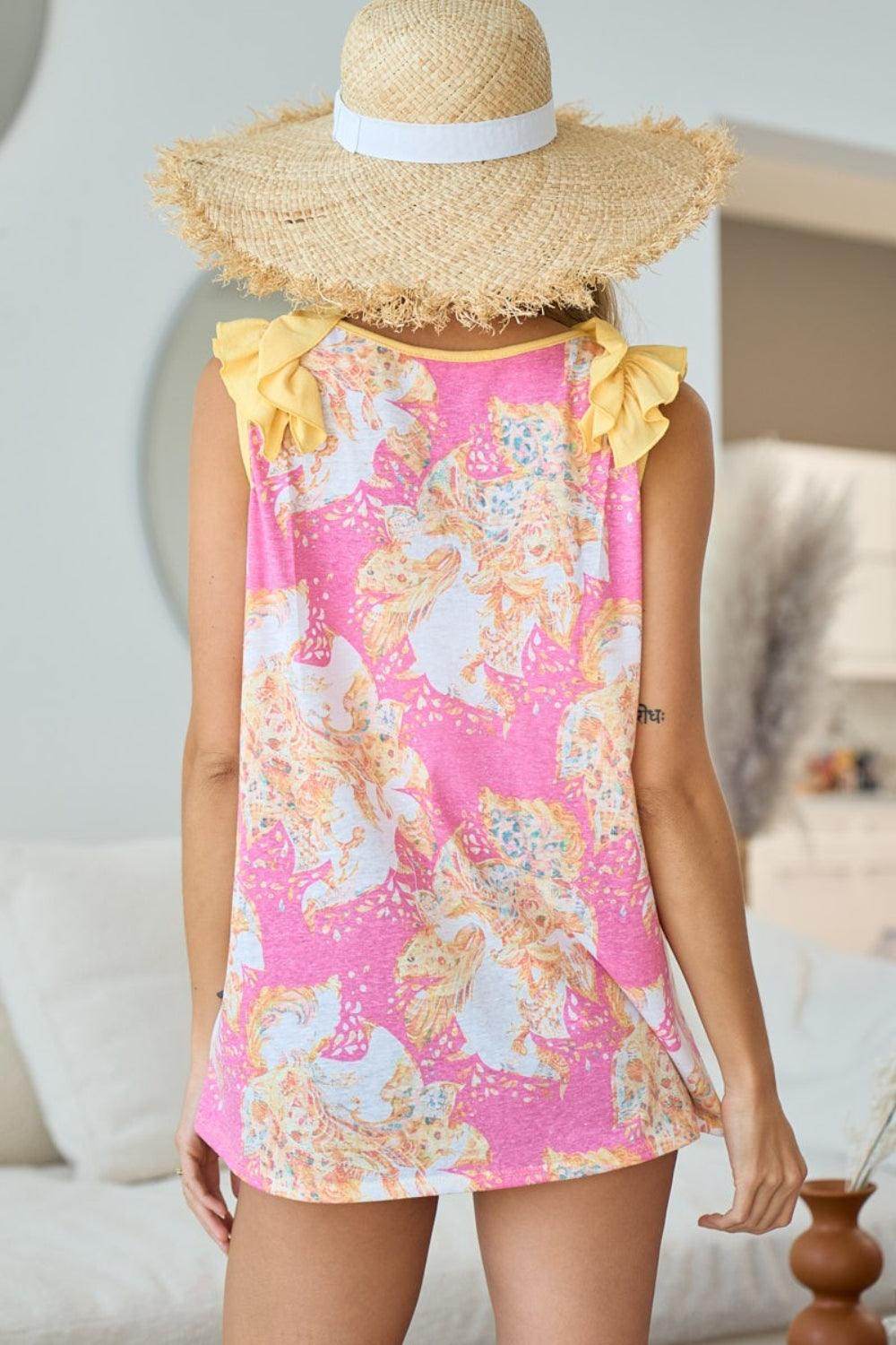 BiBi Printed V Neck Ruffled Tank for Summer Style