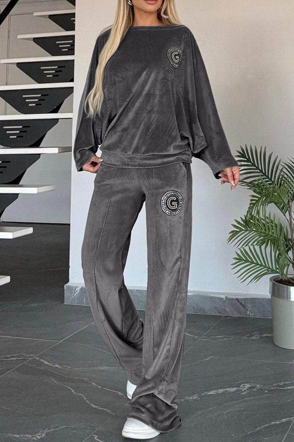Full Size Boat Neck Long Sleeve Top and Pants Set Outfit
