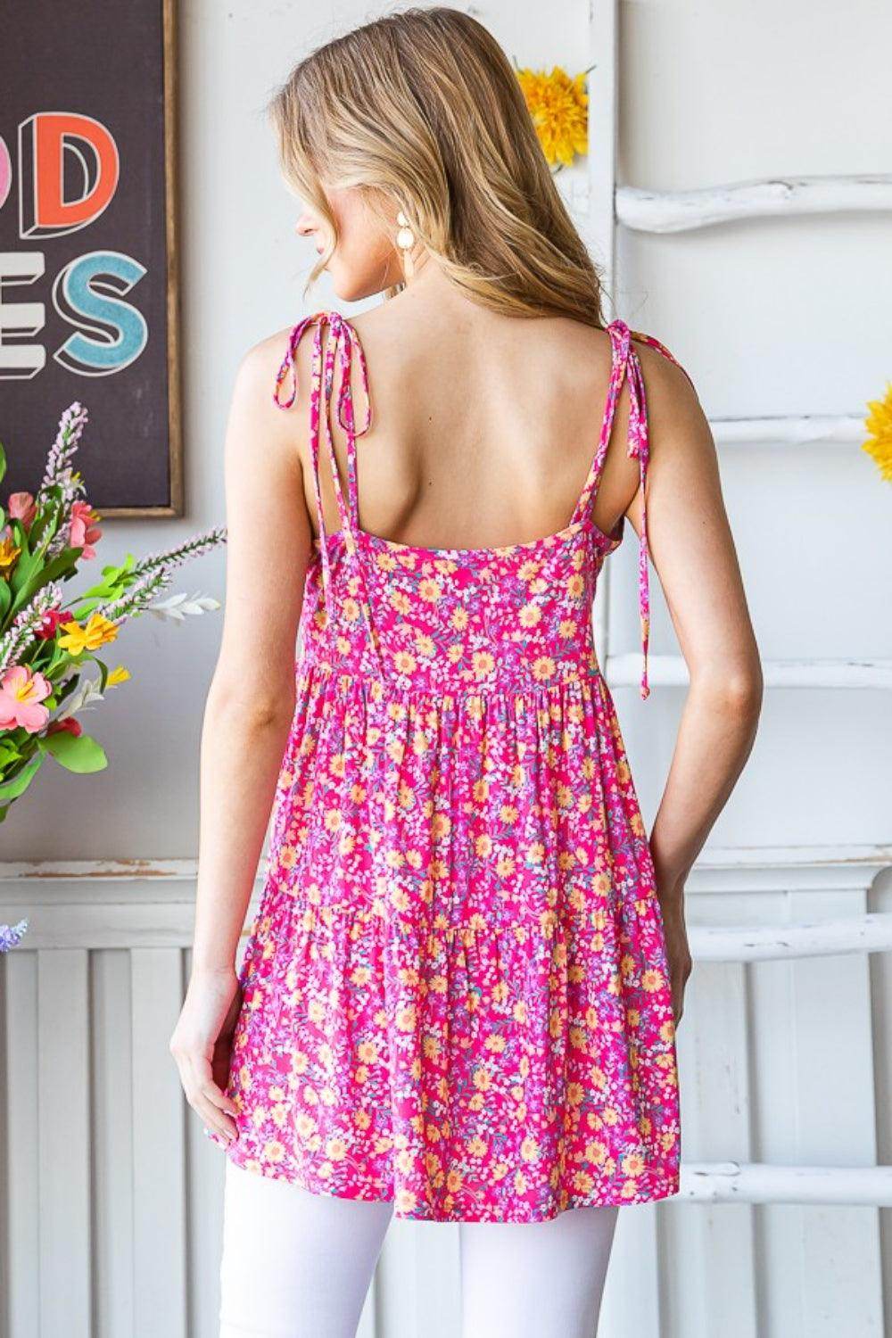 Heimish Full Size Floral Tie Shoulder Tiered Cami Top