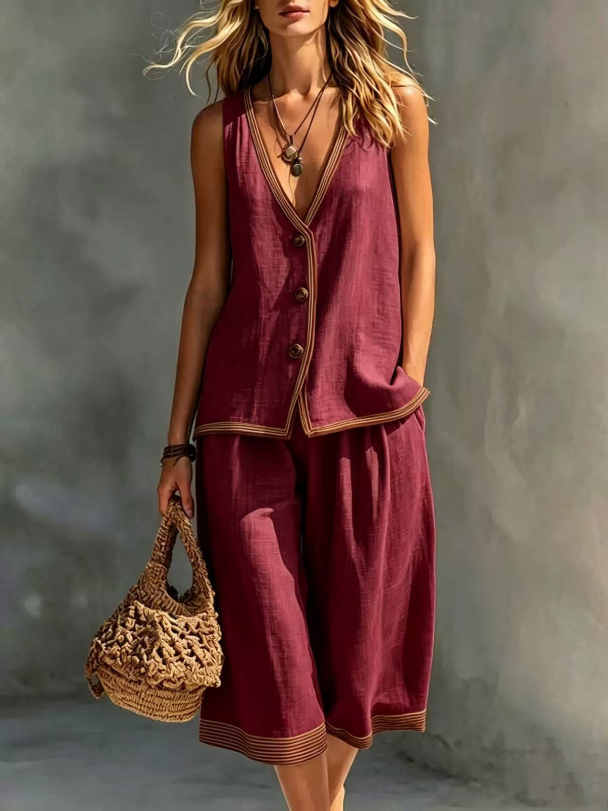 Women's Sleeveless Buttoned Vest & Shorts Two-Piece Set