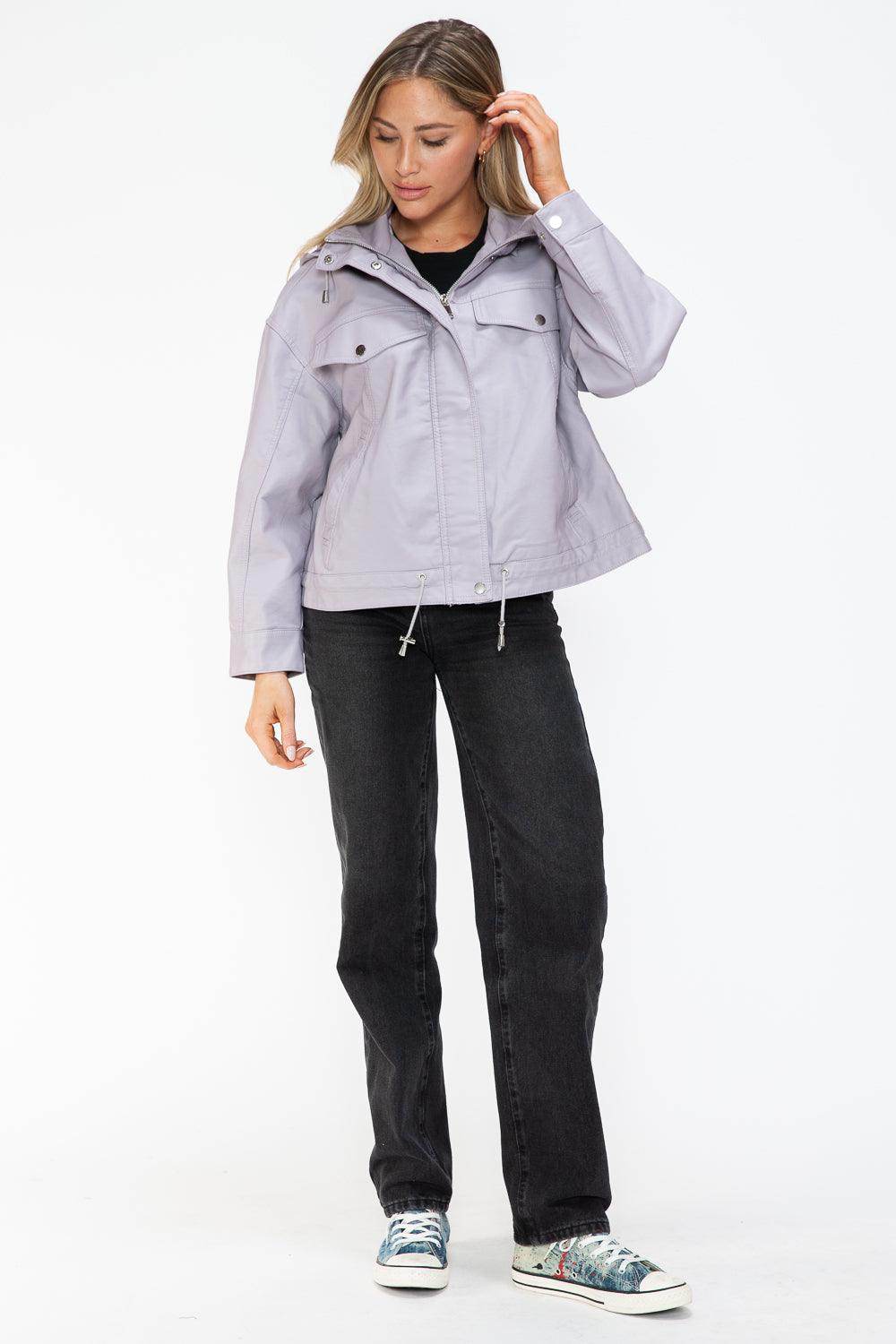 How Dare U Drawstring Hem PU Leather Zip Up Jacket Women
