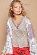 POL Lace Detail V-Neck Flare Sleeve Blouse for Women