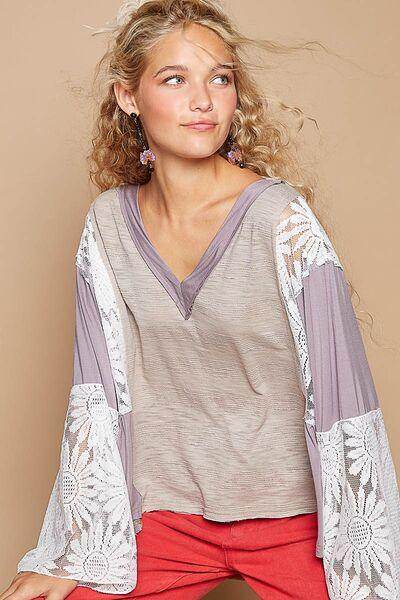 POL Lace Detail V-Neck Flare Sleeve Blouse for Women