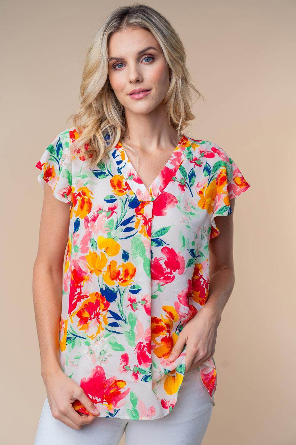 White Birch Full Size Short Sleeve Floral Woven Top for Women
