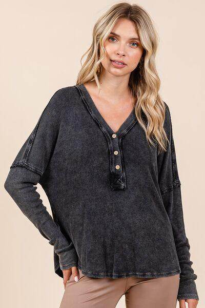 Mittoshop Washed V-Neck Long Sleeve Blouse for Women