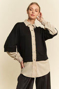 Davi & Dani Faux Layered French Terry Contrast Top Style