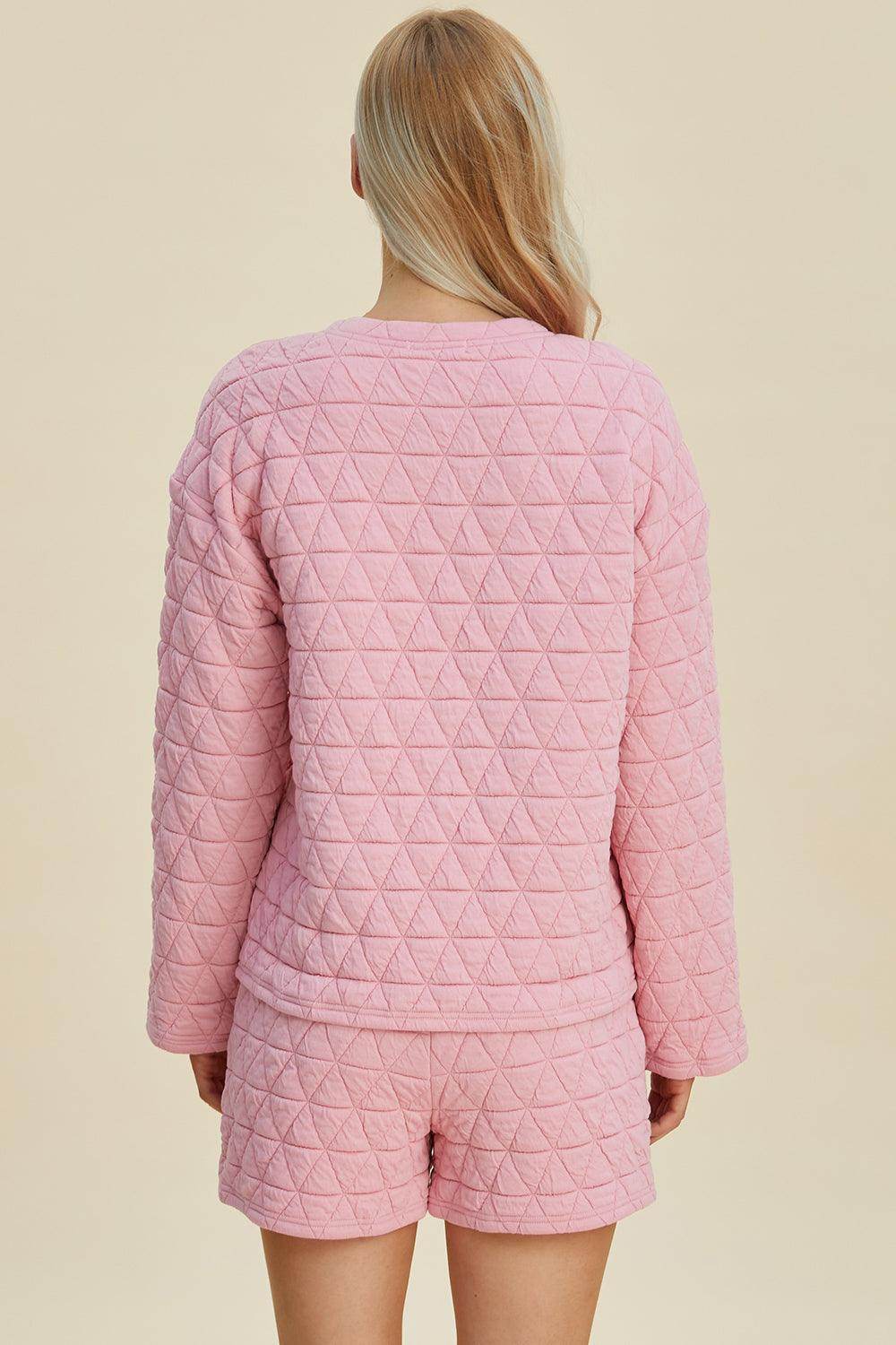 Double Take Full Size Texture Round Neck Long Sleeve Top and Shorts Set for Women